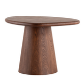 Modern dining table with a rich walnut elm veneer top and clean, minimalist design, styled in a contemporary dining room with neutral tones.